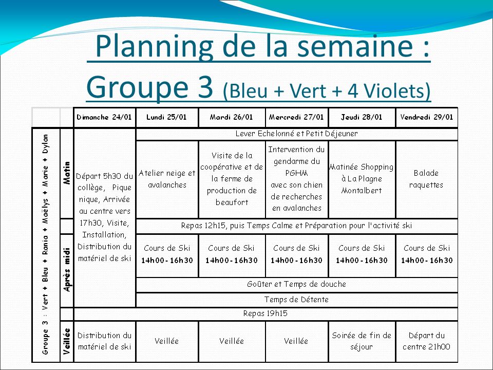 Planning de la semaine : Groupe 3 (Bleu + Vert + 4 Violets)