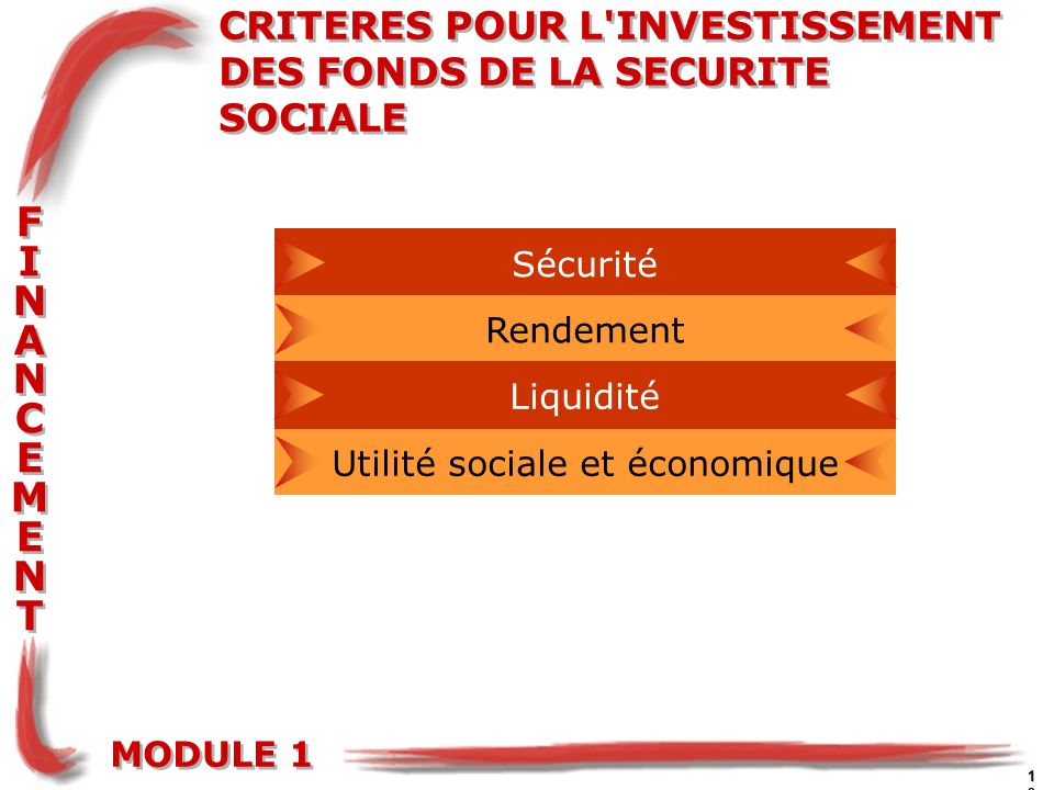 MODULE 1 FINANCEMENTFINANCEMENT FINANCEMENTFINANCEMENT 19 CRITERES POUR L INVESTISSEMENT DES FONDS DE LA SECURITE SOCIALE Sécurité Rendement Liquidité Utilité sociale et économique