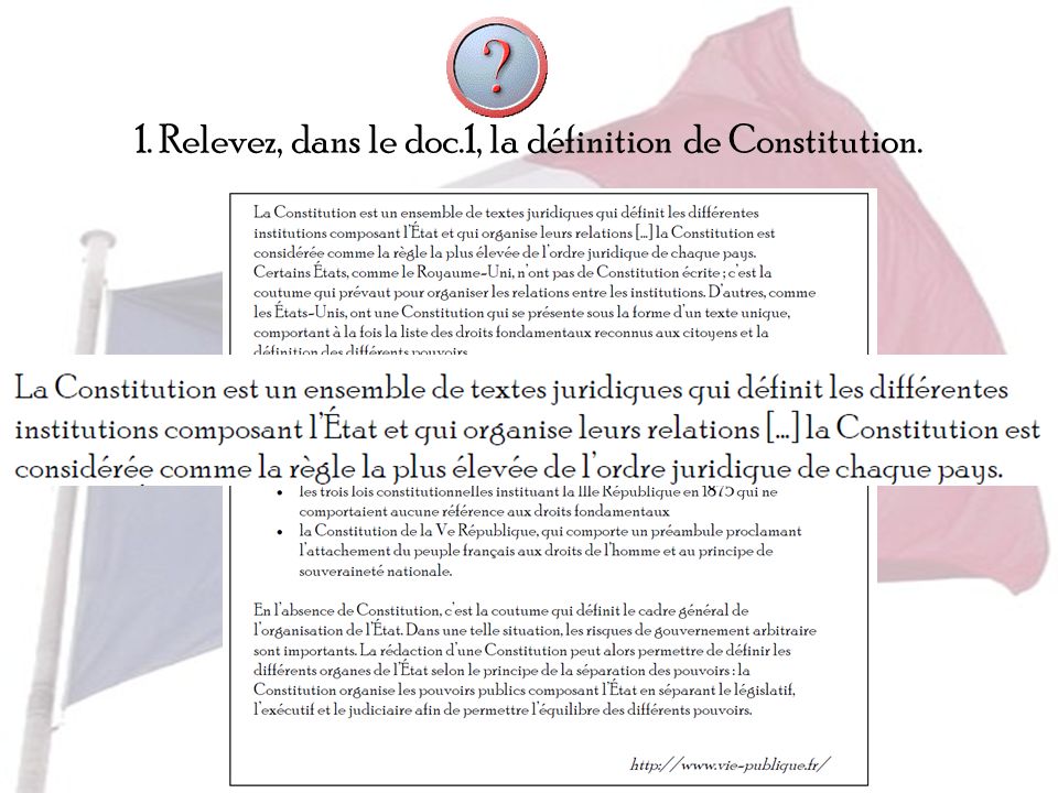 1. Relevez, dans le doc.1, la définition de Constitution.