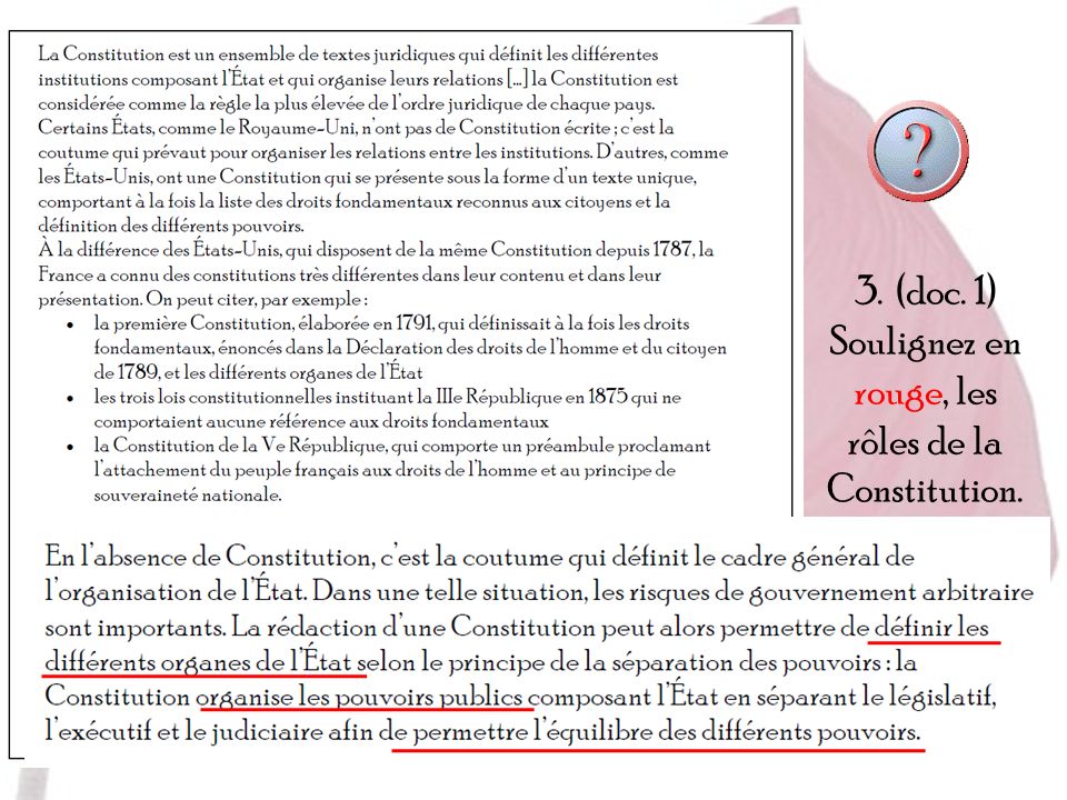 3. (doc. 1) Soulignez en rouge, les rôles de la Constitution.