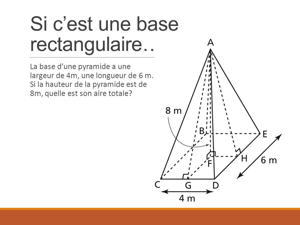 Si c’est une base rectangulaire… La base d’une pyramide a une largeur de 4m, une longueur de 6 m.