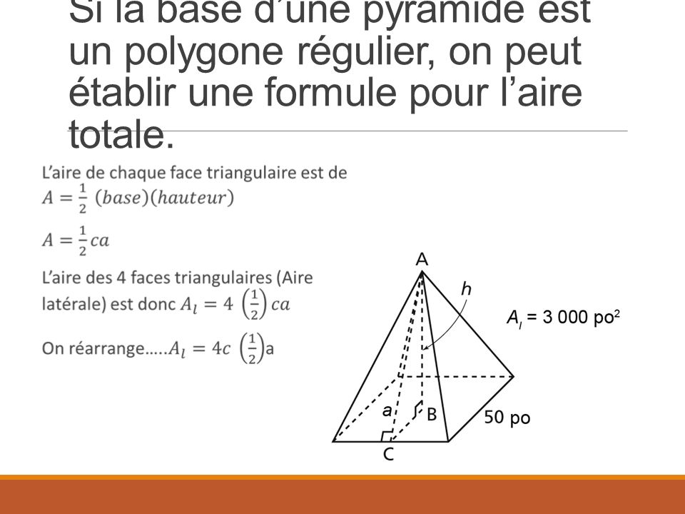 Si la base d’une pyramide est un polygone régulier, on peut établir une formule pour l’aire totale.