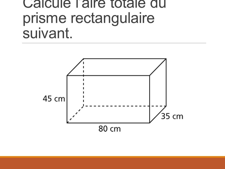 Calcule l’aire totale du prisme rectangulaire suivant.
