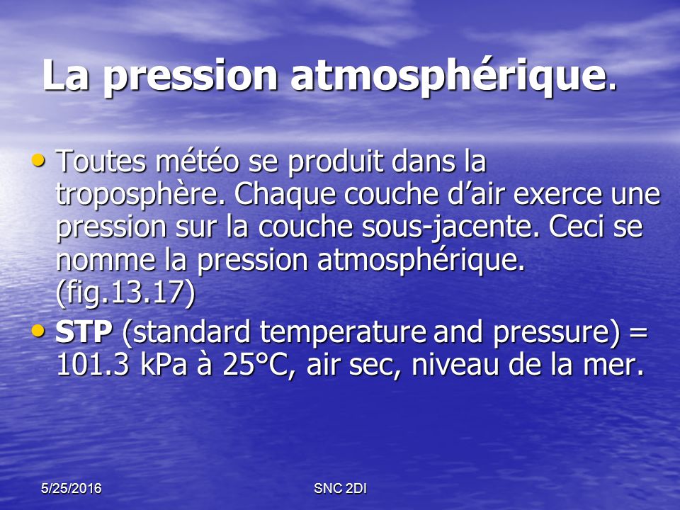 5/25/2016SNC 2DI La pression atmosphérique. Toutes météo se produit dans la troposphère.