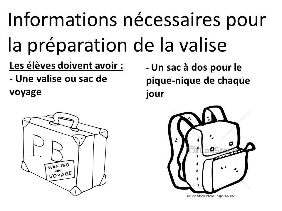 Informations nécessaires pour la préparation de la valise Les élèves doivent avoir : - Une valise ou sac de voyage - Un sac à dos pour le pique-nique de chaque jour