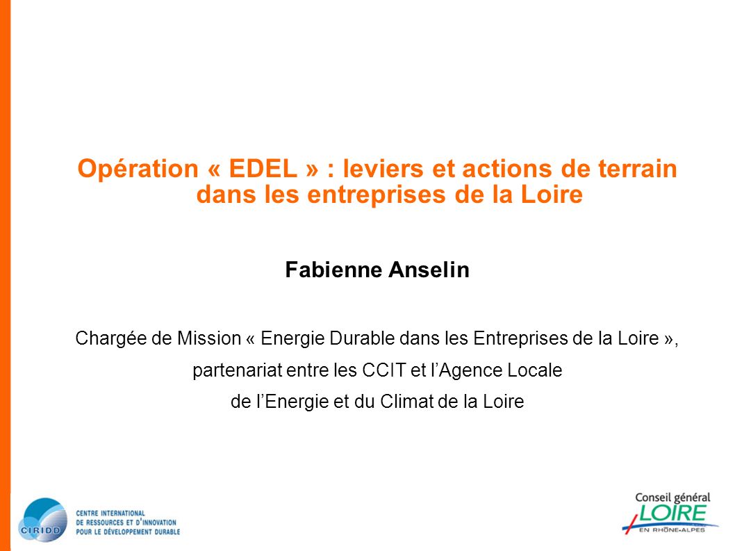 Opération « EDEL » : leviers et actions de terrain dans les entreprises de la Loire Fabienne Anselin Chargée de Mission « Energie Durable dans les Entreprises de la Loire », partenariat entre les CCIT et l’Agence Locale de l’Energie et du Climat de la Loire