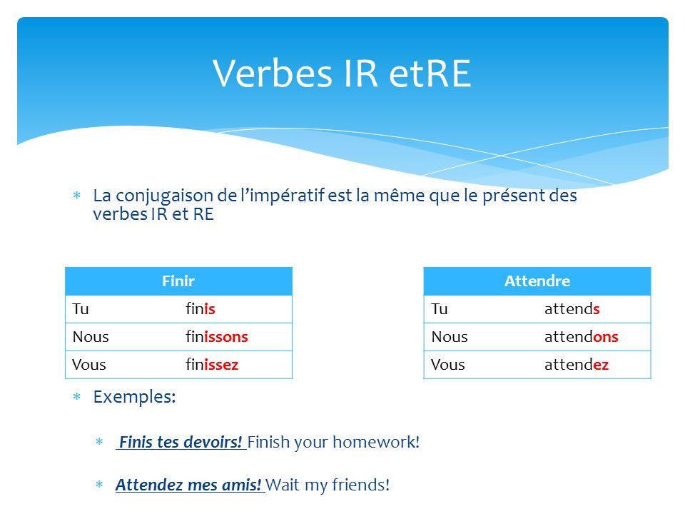  La conjugaison de l’impératif est la même que le présent des verbes IR et RE  Exemples:  Finis tes devoirs.