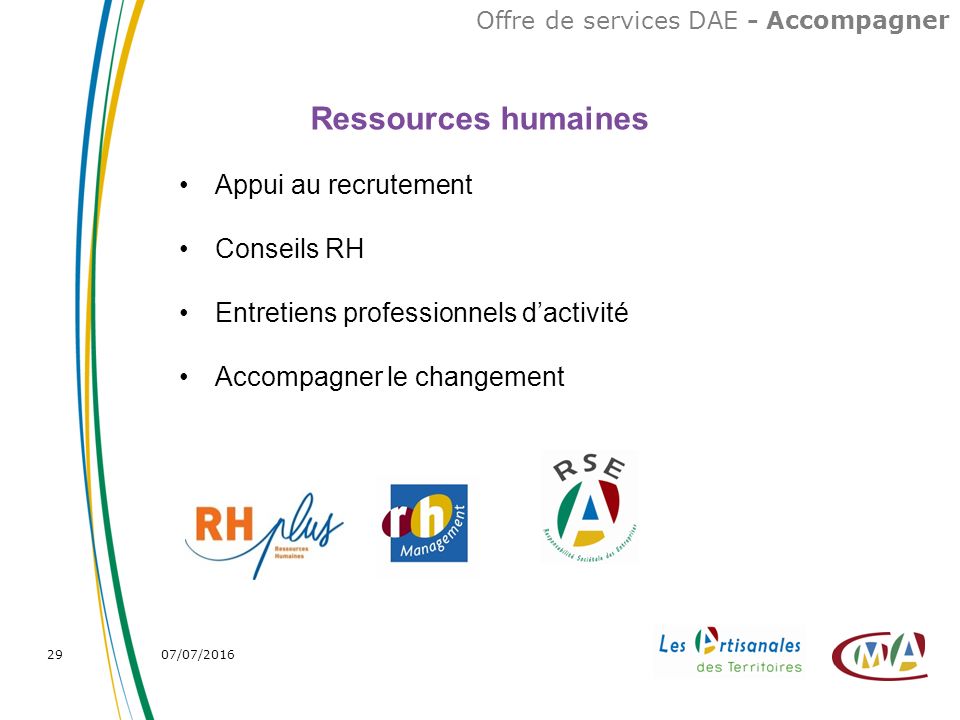07/07/ Offre de services DAE - Accompagner Ressources humaines Appui au recrutement Conseils RH Entretiens professionnels d’activité Accompagner le changement