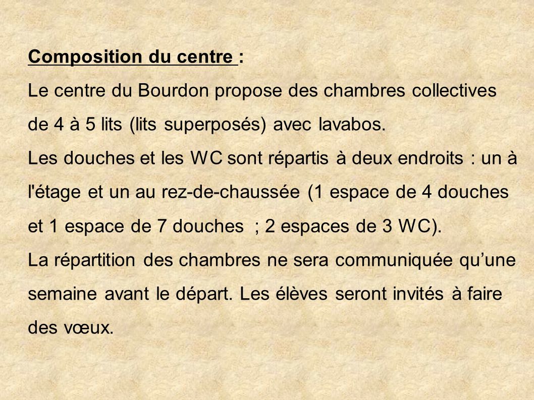 Composition du centre : Le centre du Bourdon propose des chambres collectives de 4 à 5 lits (lits superposés) avec lavabos.