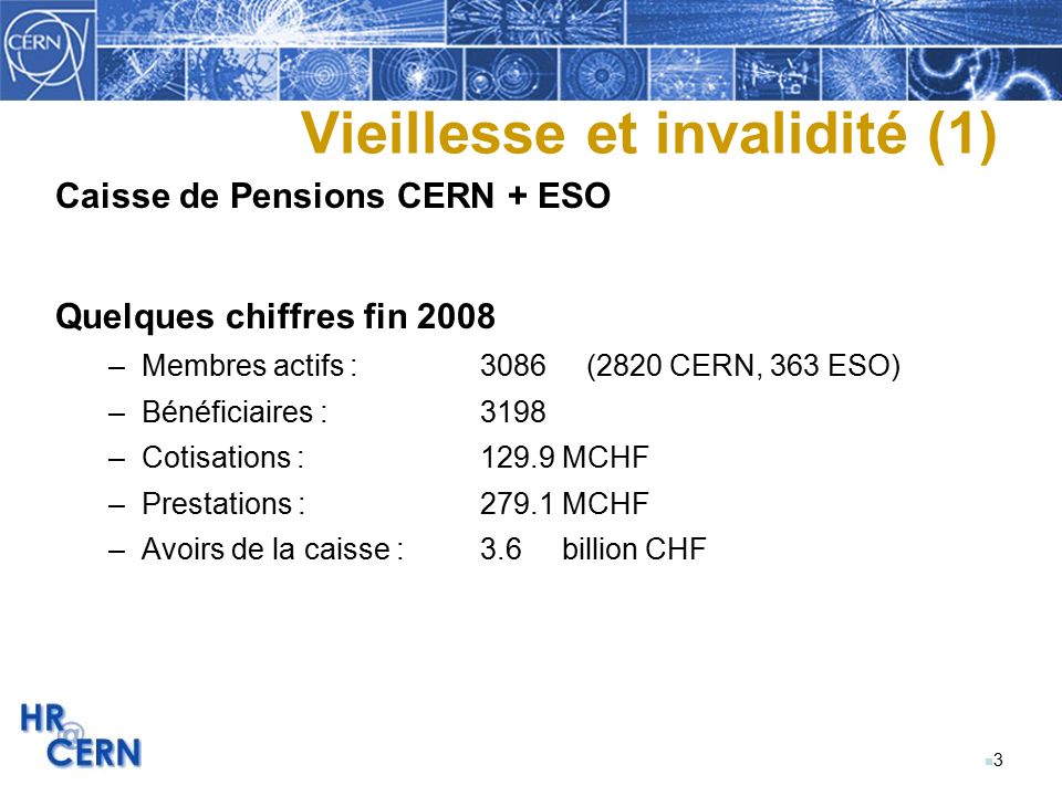 n3n3 Vieillesse et invalidité (1) Caisse de Pensions CERN + ESO Quelques chiffres fin 2008 –Membres actifs : 3086 (2820 CERN, 363 ESO) –Bénéficiaires : 3198 –Cotisations :129.9 MCHF –Prestations :279.1 MCHF –Avoirs de la caisse :3.6 billion CHF