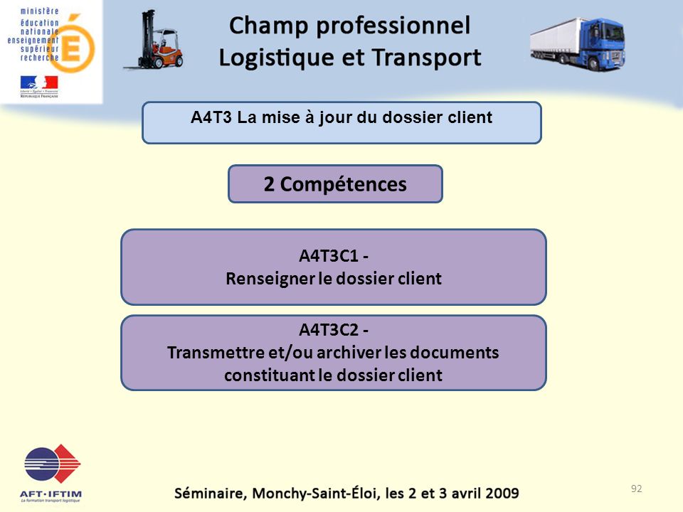 A4T3 La mise à jour du dossier client A4T3C1 - Renseigner le dossier client A4T3C2 - Transmettre et/ou archiver les documents constituant le dossier client 2 Compétences 92