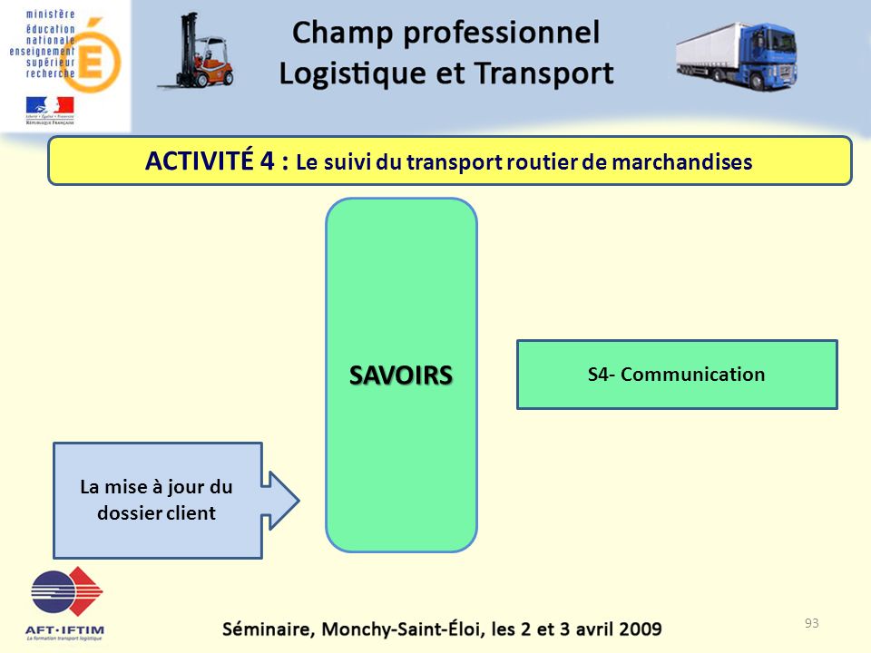 SAVOIRS S4- Communication La mise à jour du dossier client ACTIVITÉ 4 : Le suivi du transport routier de marchandises 93