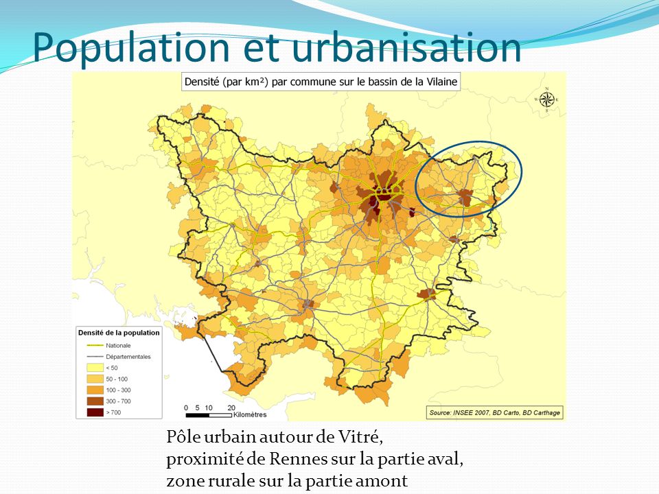 Population et urbanisation Pôle urbain autour de Vitré, proximité de Rennes sur la partie aval, zone rurale sur la partie amont