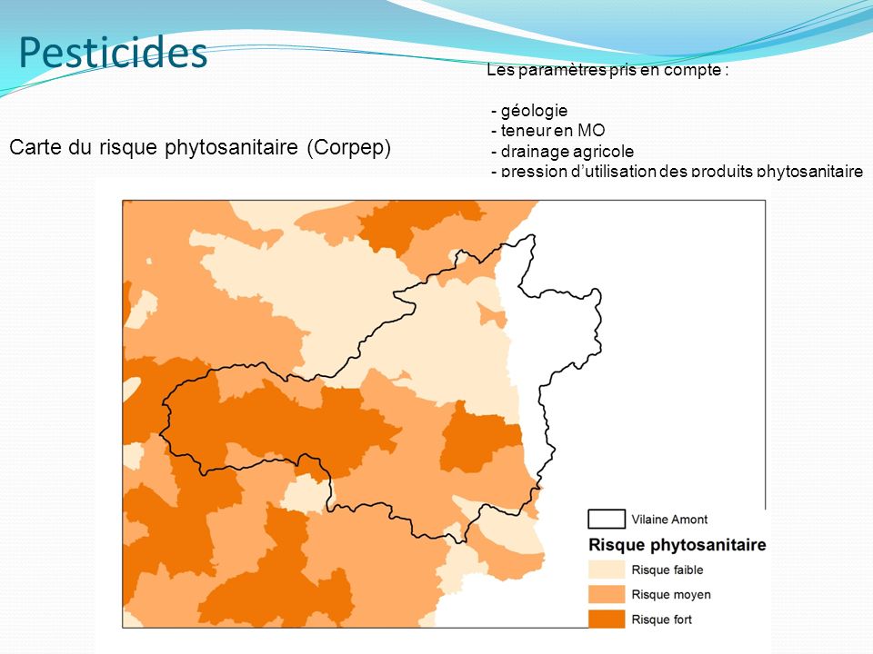 Pesticides Carte du risque phytosanitaire (Corpep) Les paramètres pris en compte : - géologie - teneur en MO - drainage agricole - pression d’utilisation des produits phytosanitaire