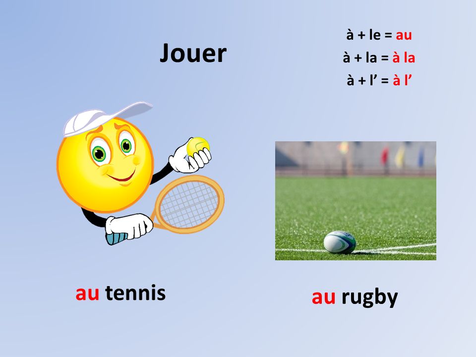 au tennis au rugby Jouer à + le = au à + la = à la à + l’ = à l’