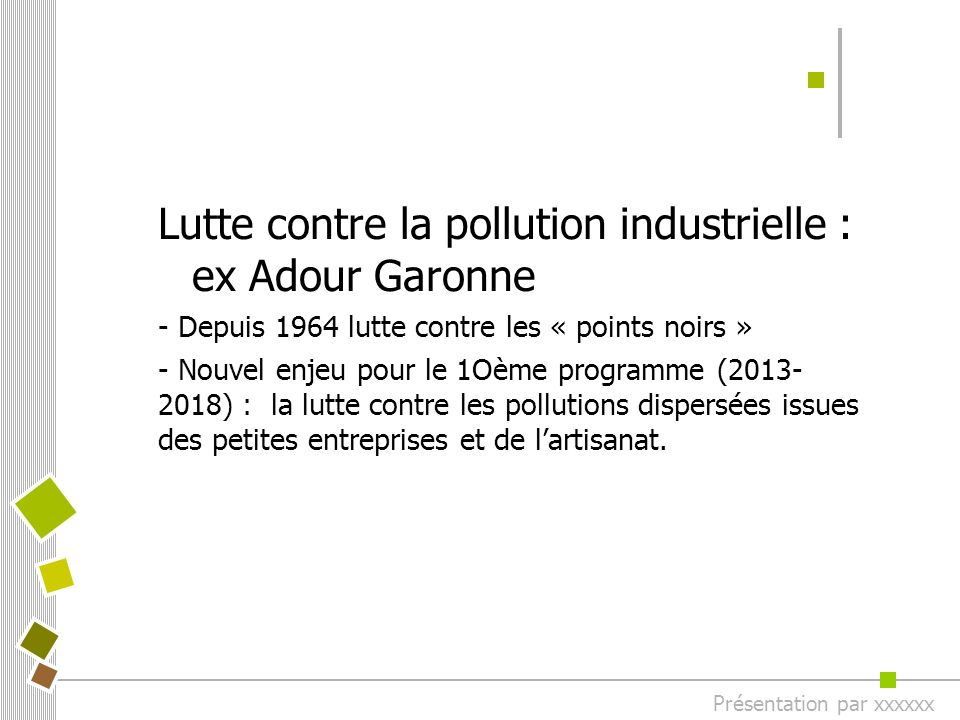 Lutte contre la pollution industrielle : ex Adour Garonne - Depuis 1964 lutte contre les « points noirs » - Nouvel enjeu pour le 1Oème programme ( ) : la lutte contre les pollutions dispersées issues des petites entreprises et de l’artisanat.