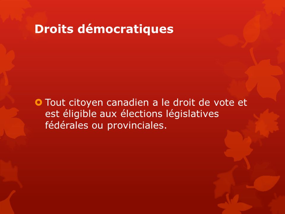 Droits démocratiques  Tout citoyen canadien a le droit de vote et est éligible aux élections législatives fédérales ou provinciales.