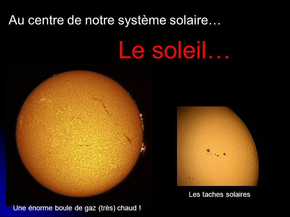 Au centre de notre système solaire… Le soleil… Les taches solaires Une énorme boule de gaz (très) chaud !