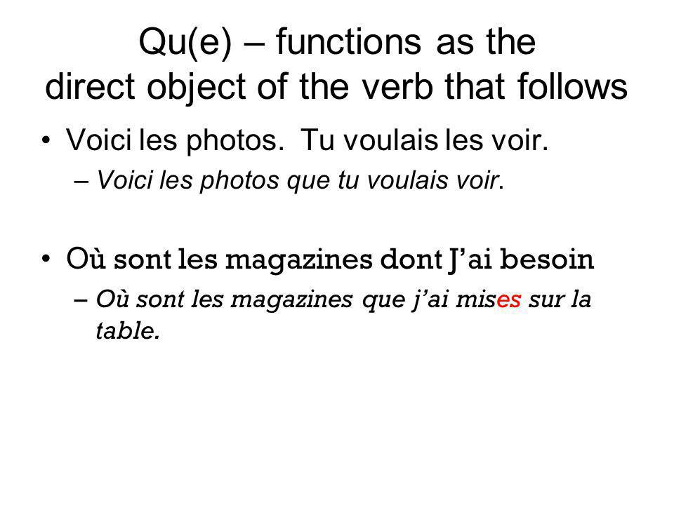 Qu(e) – functions as the direct object of the verb that follows Voici les photos.