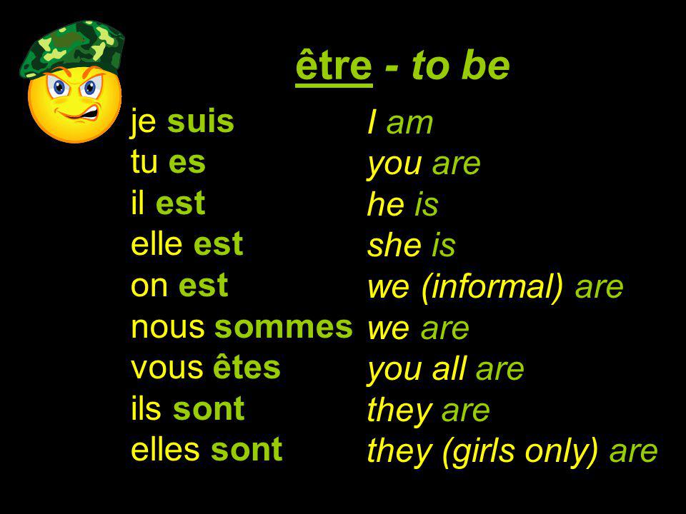être - to be je suis tu es il est elle est on est nous sommes vous êtes ils sont elles sont I am you are he is she is we (informal) are we are you all are they are they (girls only) are