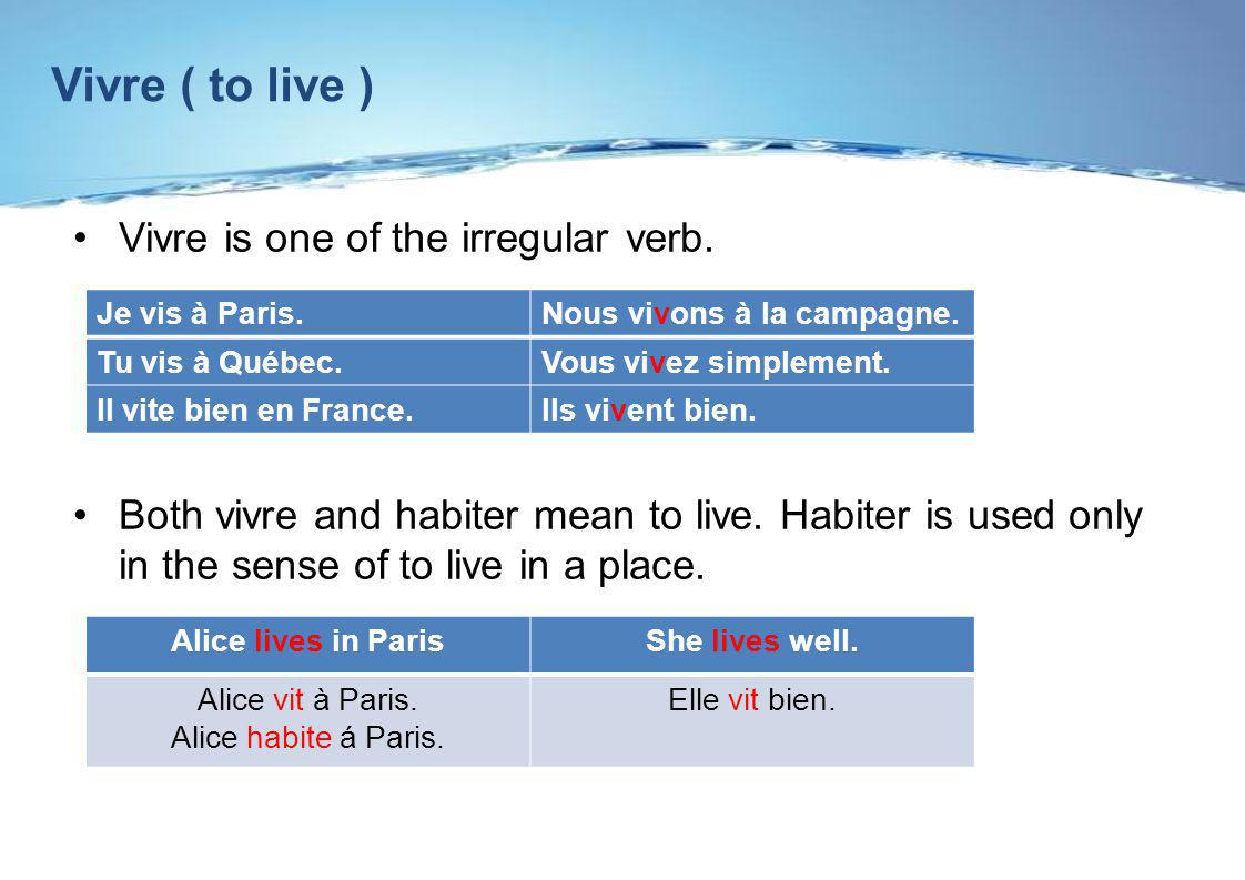 Vivre ( to live ) Vivre is one of the irregular verb.