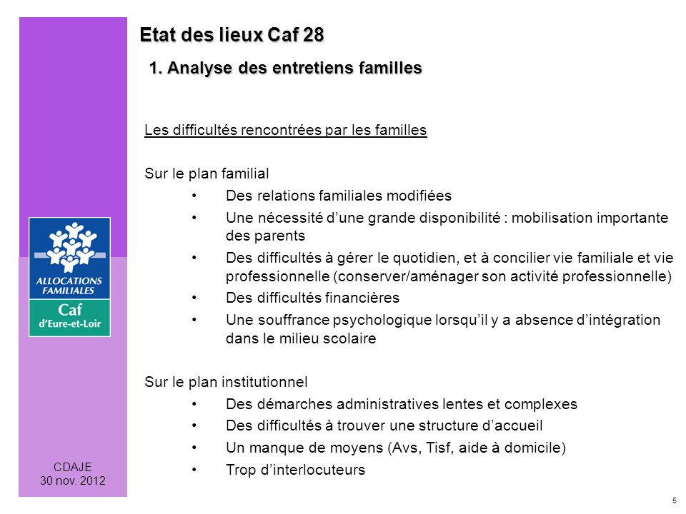 5 CDAJE 30 nov Etat des lieux Caf Analyse des entretiens familles 1.