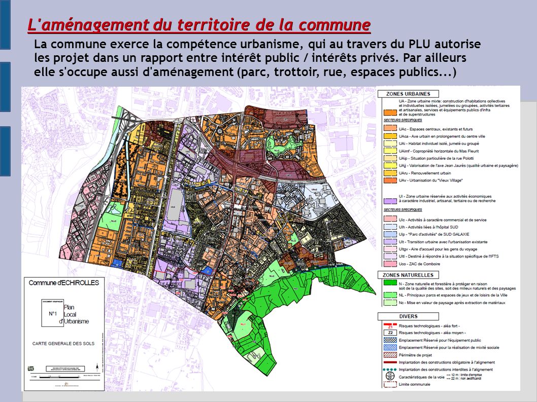 L aménagement du territoire de la commune La commune exerce la compétence urbanisme, qui au travers du PLU autorise les projet dans un rapport entre intérêt public / intérêts privés.