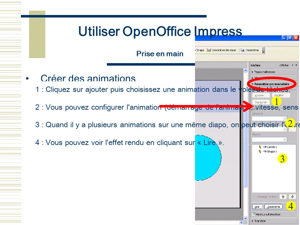Utiliser OpenOffice Impress Prise en main Créer des animations 1 : Cliquez sur ajouter puis choisissez une animation dans le volet de tâches.