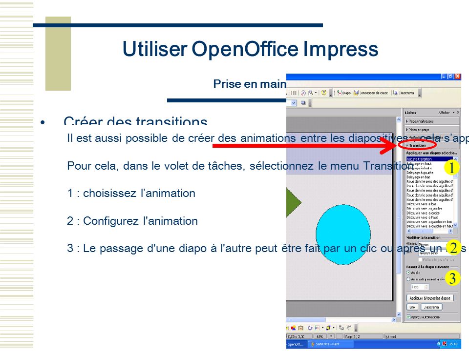 Utiliser OpenOffice Impress Prise en main Créer des transitions Il est aussi possible de créer des animations entre les diapositives : cela s’appelle des transitions.