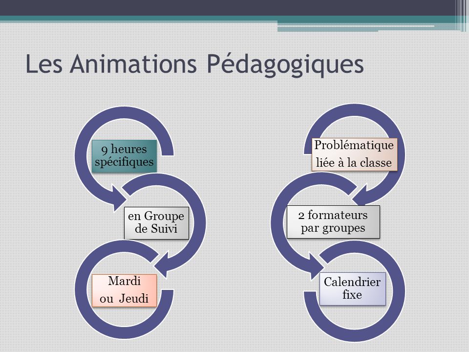 Les Animations Pédagogiques 9 heures spécifiques en Groupe de Suivi Mardi ou Jeudi Problématique liée à la classe 2 formateurs par groupes Calendrier fixe