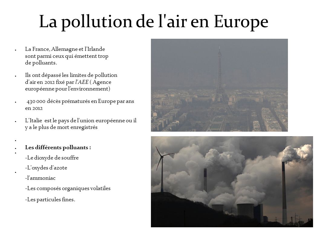 La pollution de l air en Europe ● La France, Allemagne et l’Irlande sont parmi ceux qui émettent trop de polluants.