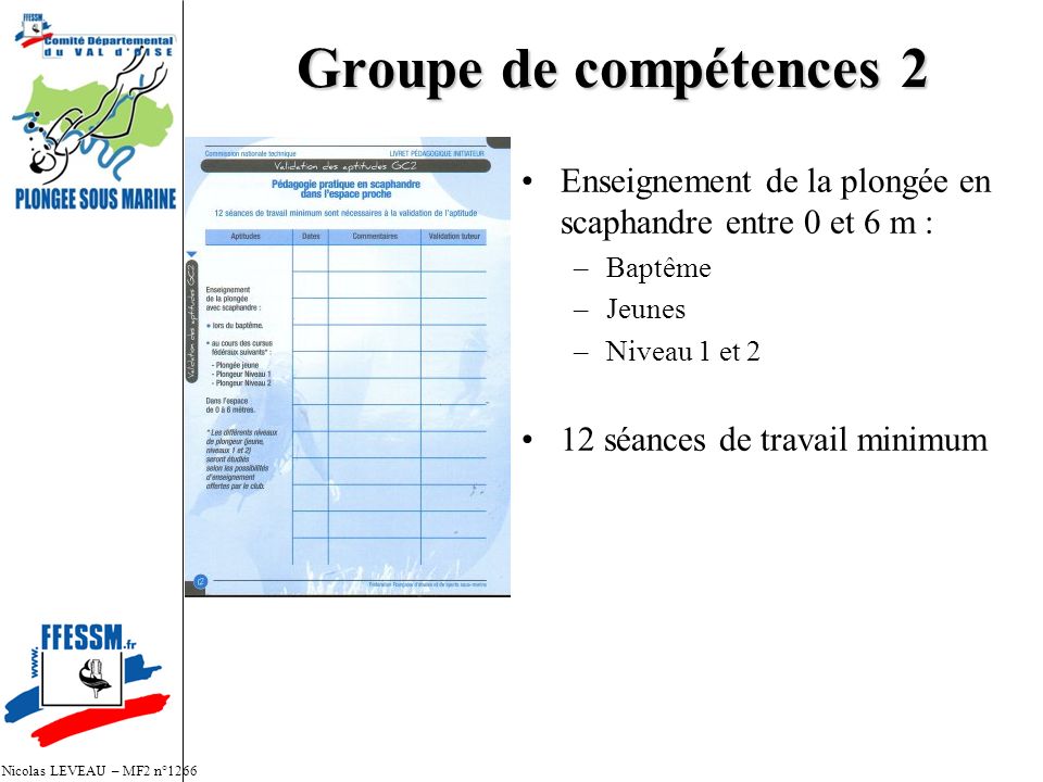Groupe de compétences 2 Enseignement de la plongée en scaphandre entre 0 et 6 m : –Baptême –Jeunes –Niveau 1 et 2 12 séances de travail minimum Nicolas LEVEAU – MF2 n°1266