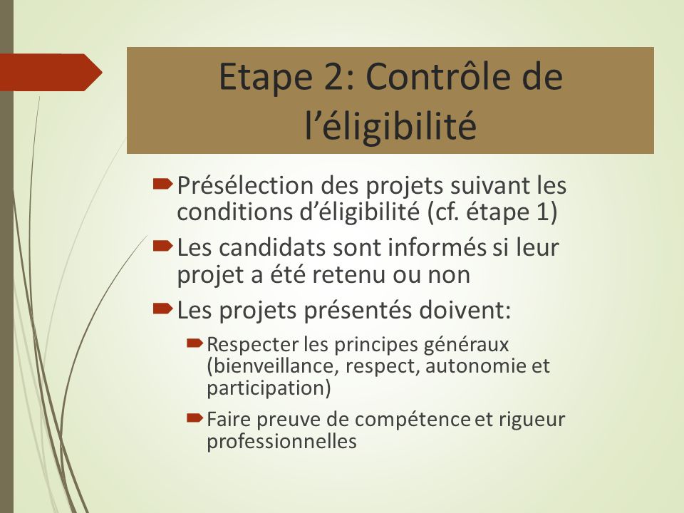 Etape 2: Contrôle de l’éligibilité  Présélection des projets suivant les conditions d’éligibilité (cf.