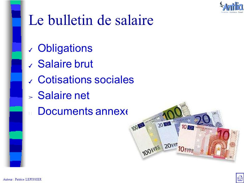 Auteur : Patrice LEPISSIER Le bulletin de salaire ✔ Obligations ✔ Salaire brut ✔ Cotisations sociales ➢ Salaire net Documents annexes