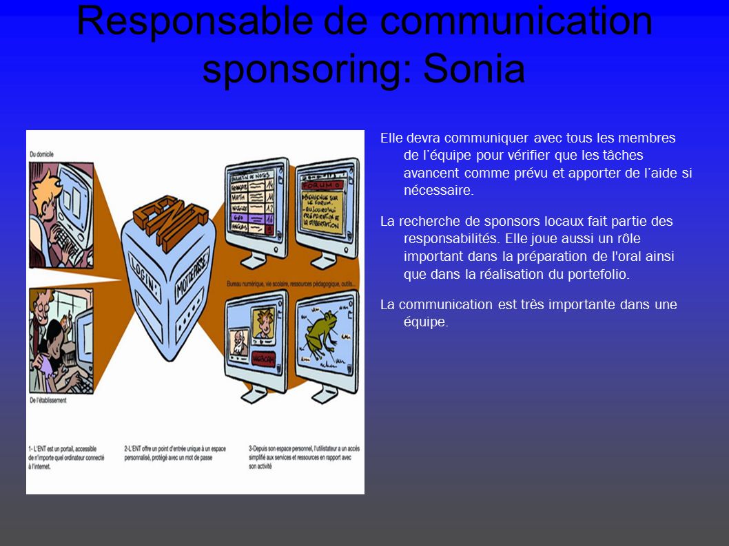 Responsable de communication sponsoring: Sonia Elle devra communiquer avec tous les membres de l’équipe pour vérifier que les tâches avancent comme prévu et apporter de l’aide si nécessaire.