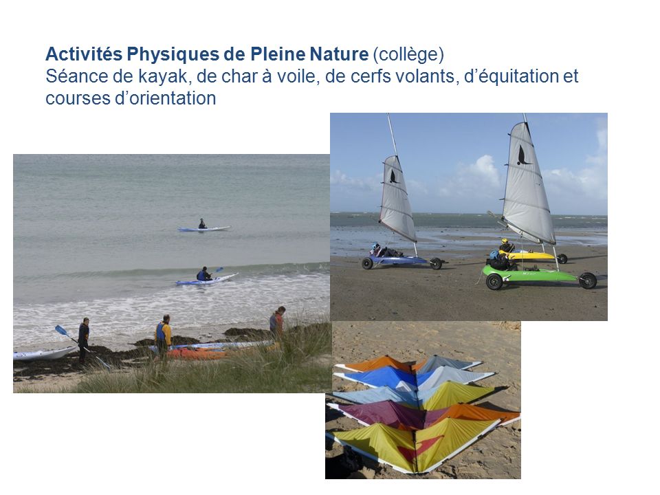 Activités Physiques de Pleine Nature (collège) Séance de kayak, de char à voile, de cerfs volants, d’équitation et courses d’orientation