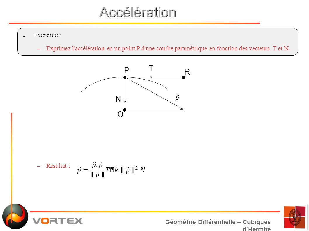 Géométrie Différentielle – Cubiques d Hermite Accélération ● Exercice : – Exprimez l accélération en un point P d une courbe paramétrique en fonction des vecteurs T et N.