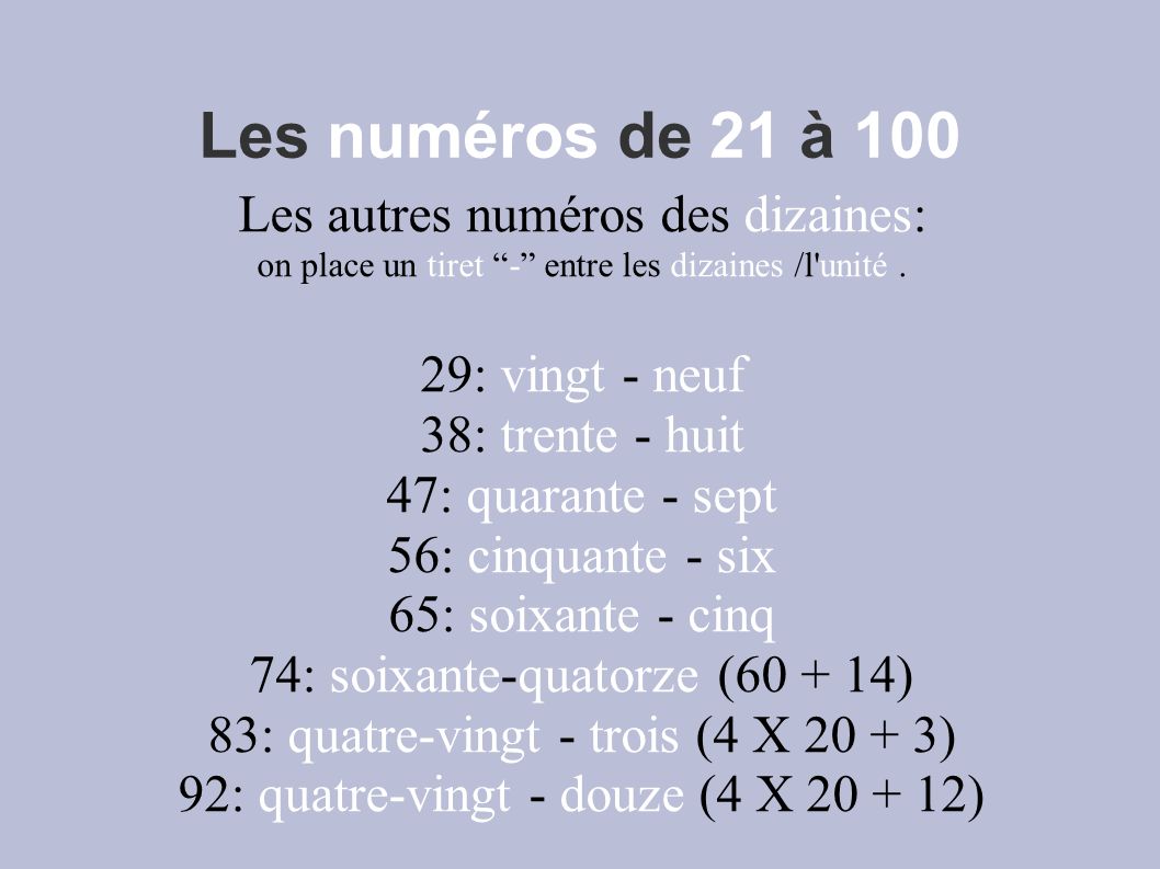 Les numéros de 21 à 100 Les autres numéros des dizaines: on place un tiret - entre les dizaines /l unité.