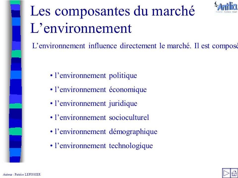 Auteur : Patrice LEPISSIER Les composantes du marché L’environnement L’environnement influence directement le marché.
