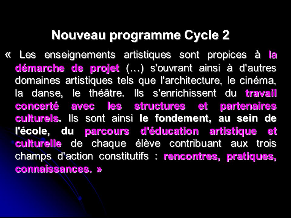 Nouveau programme Cycle 2 « Les enseignements artistiques sont propices à la démarche de projet (…) s ouvrant ainsi à d autres domaines artistiques tels que l architecture, le cinéma, la danse, le théâtre.