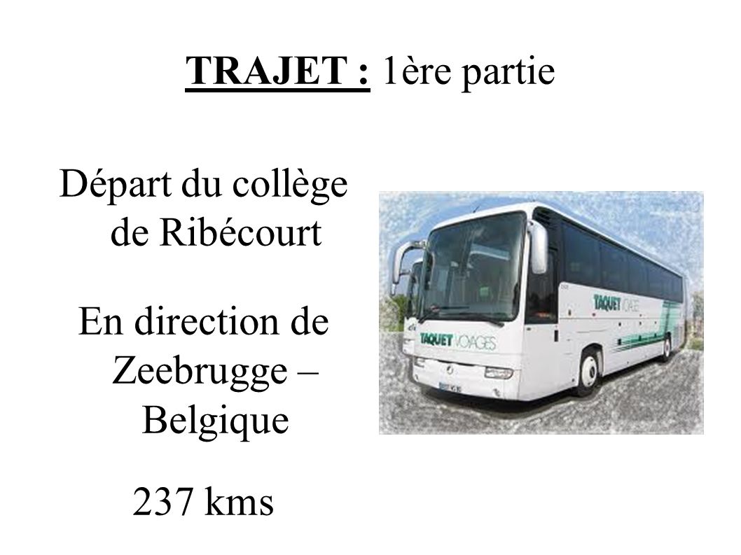 TRAJET : 1ère partie Départ du collège de Ribécourt En direction de Zeebrugge – Belgique 237 kms
