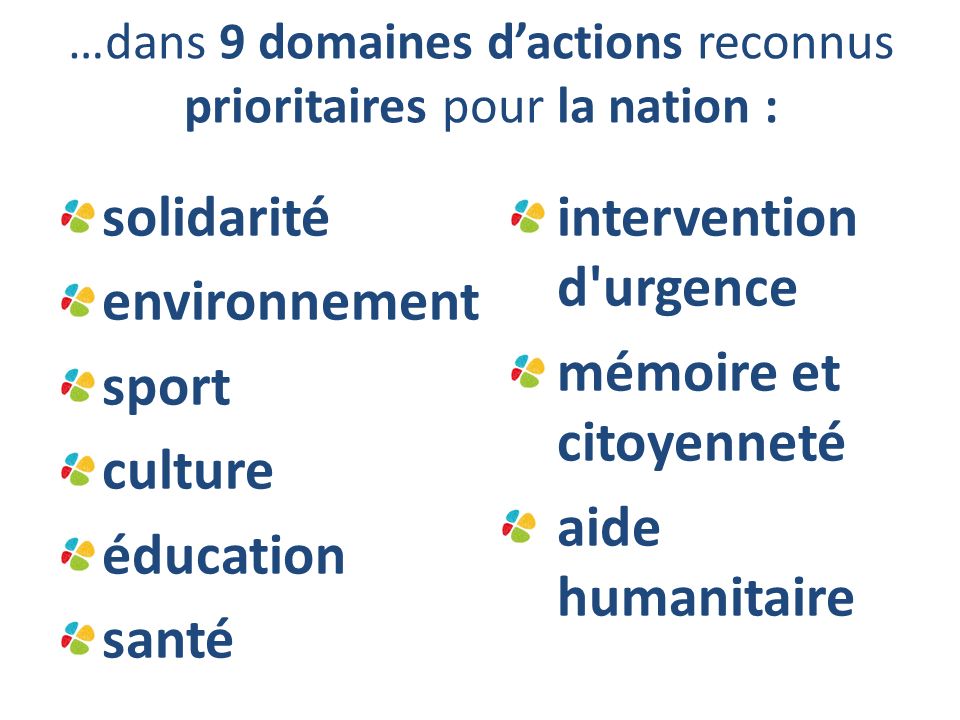 solidarité environnement sport culture éducation santé intervention d urgence mémoire et citoyenneté aide humanitaire …dans 9 domaines d’actions reconnus prioritaires pour la nation :