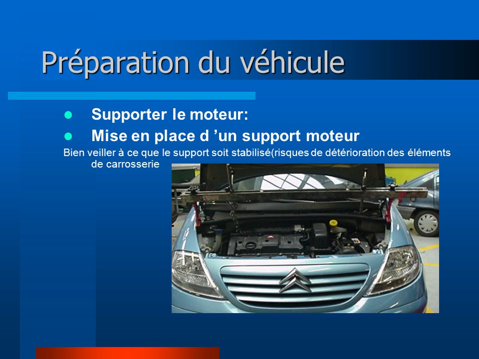 Préparation du véhicule Supporter le moteur: Mise en place d ’un support moteur Bien veiller à ce que le support soit stabilisé(risques de détérioration des éléments de carrosserie
