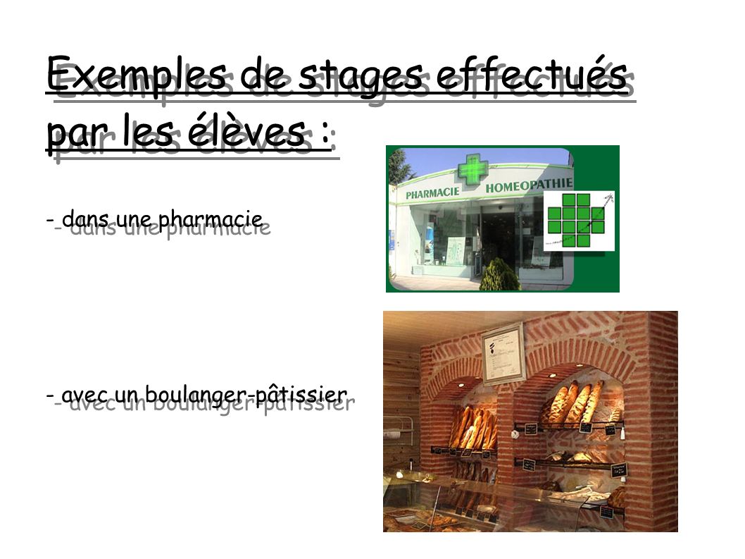 Exemples de stages effectués par les élèves : - dans une pharmacie - avec un boulanger-pâtissier - dans une pharmacie - avec un boulanger-pâtissier