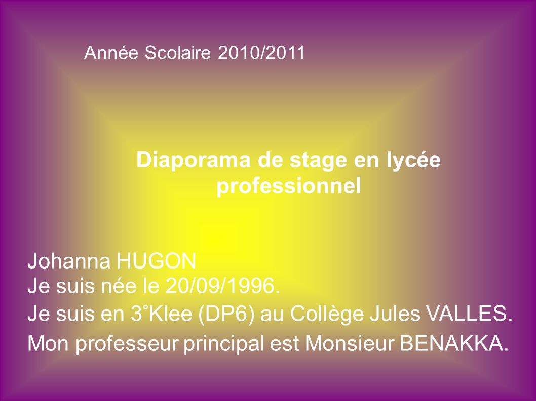 Diaporama de stage en lycée professionnel Johanna HUGON Je suis née le 20/09/1996.