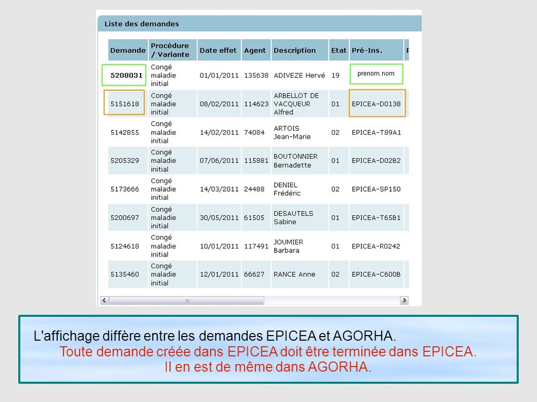 29 L affichage diffère entre les demandes EPICEA et AGORHA.
