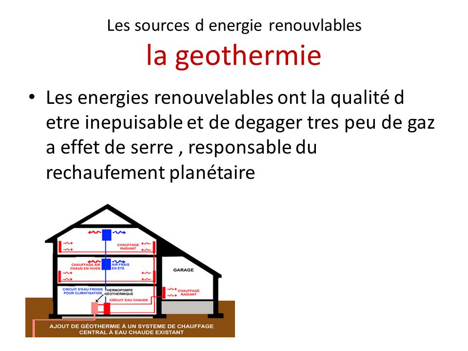 Les sources d energie renouvlables la geothermie Les energies renouvelables ont la qualité d etre inepuisable et de degager tres peu de gaz a effet de serre, responsable du rechaufement planétaire