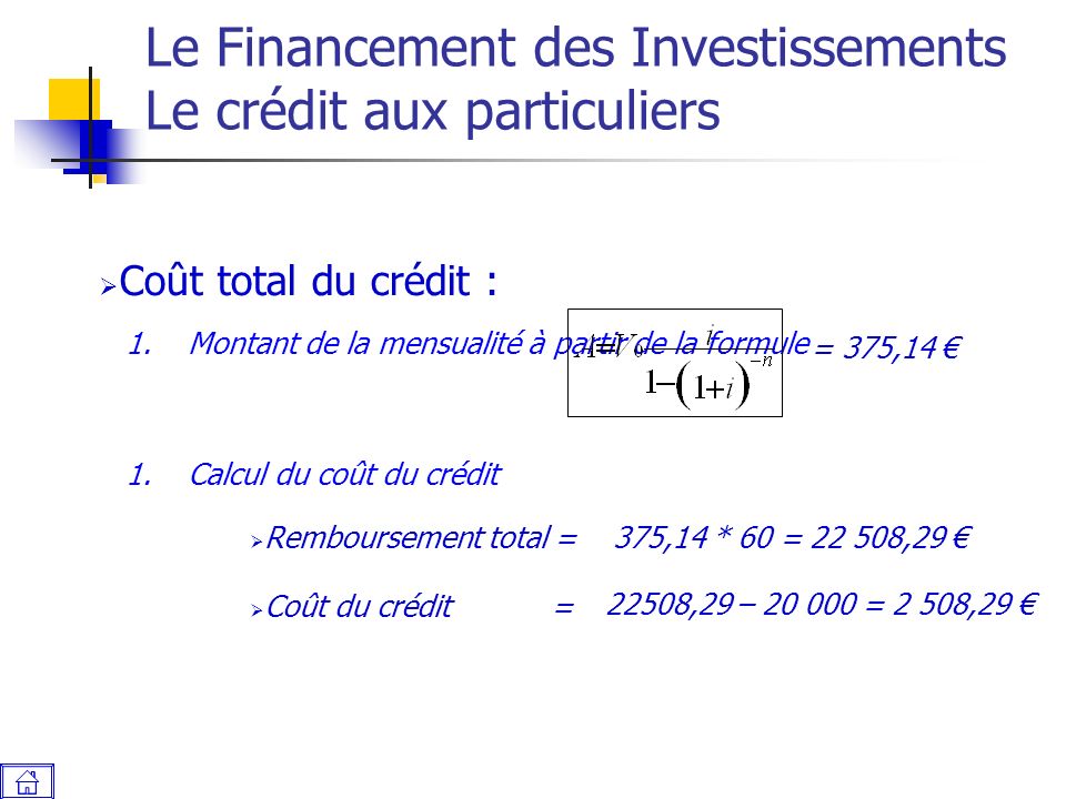 Le Financement des Investissements Le crédit aux particuliers  Coût total du crédit : 1.