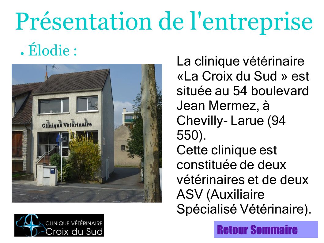 La clinique vétérinaire «La Croix du Sud » est située au 54 boulevard Jean Mermez, à Chevilly- Larue (94 550).