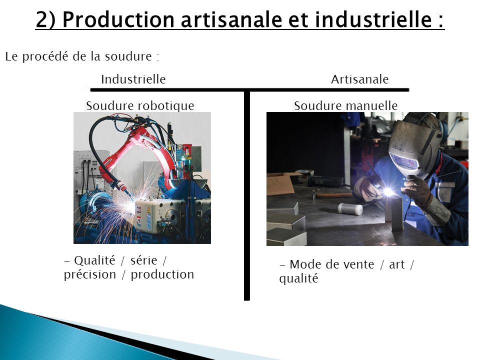 2) Production artisanale et industrielle : Le procédé de la soudure : IndustrielleArtisanale Soudure robotiqueSoudure manuelle - Qualité / série / précision / production - Mode de vente / art / qualité